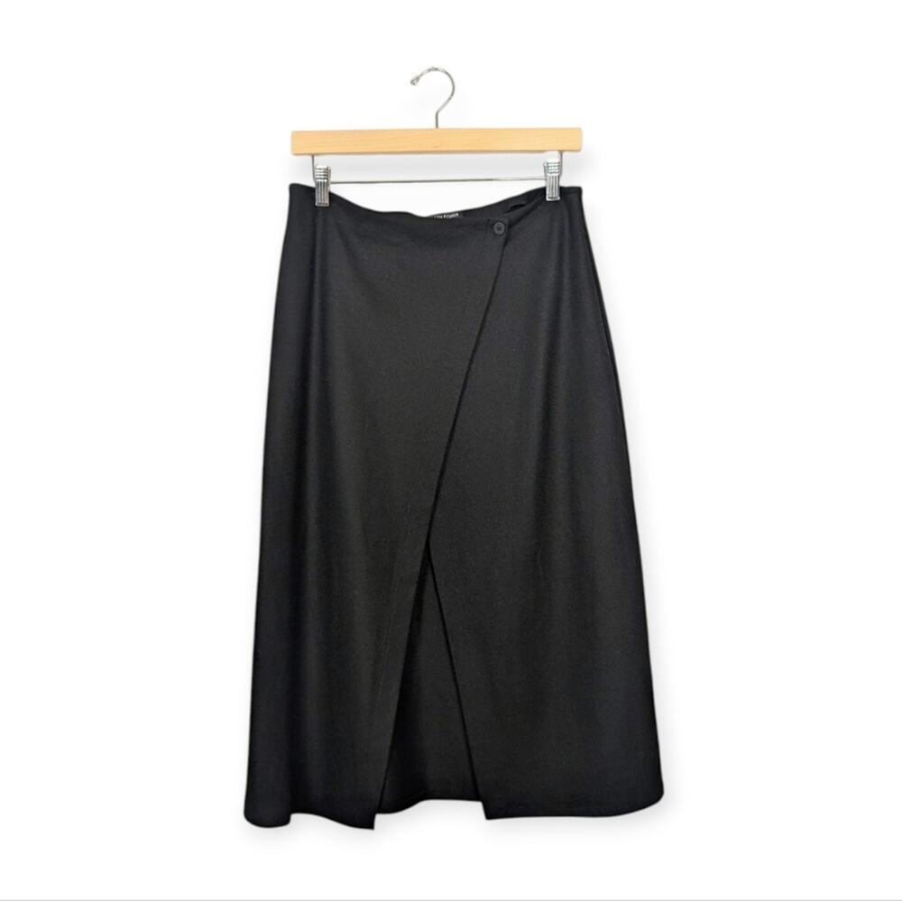Eileen Fisher Black Tencel Lyocell Stretch Knit Faux Wrap Knee Midi Skirt Size S
